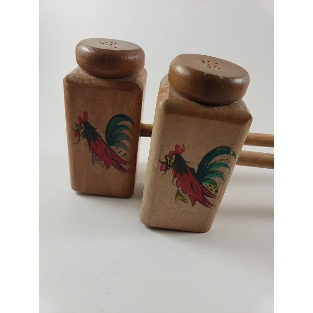 Vintage Mid Century Two Sets Wooden Salt & Pepper Shakers Rooster Chicken 1950s